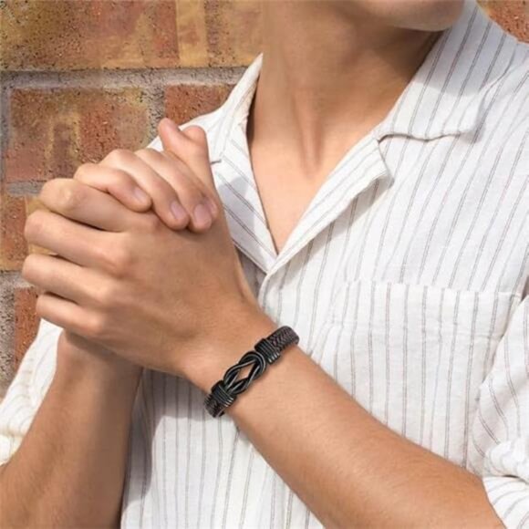 Mens Infinity Bracelet Brown Braided Leather Cuff Stainless Steel Love Jewelry - Picture 2 of 8